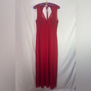 Y2K Red Mesh V Neck Cut Out Back with Tie Semi Formal Wedding Guest Maxi Dress M